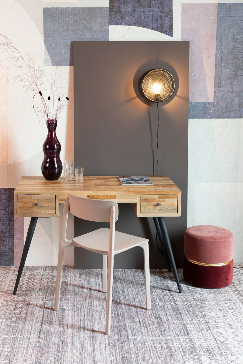 White Label Living Schreibtisch Table Leo – Schwarz, Teakholz, 113 × 55,5 × 76,5 cm