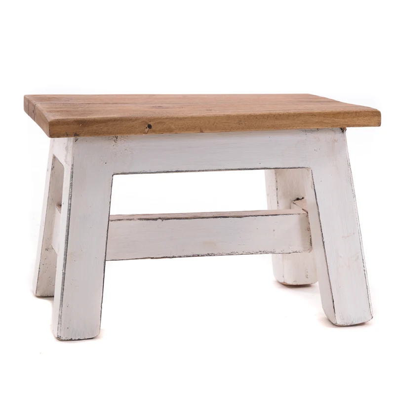 FUSSHOCKER Monte | 30x21cm(BxH), kleiner Holzhocker aus Mahagoni Holz | Farbe: 06 weiß-landhaus