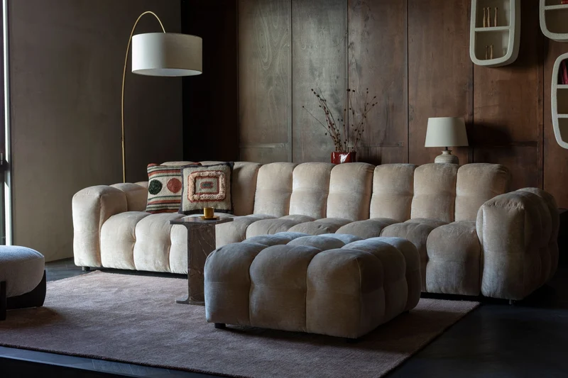 Dutchbone Sofa Hackman 4,5-Sitzer Velours – Beige, Polyester, 102 × 364 × 84 cm