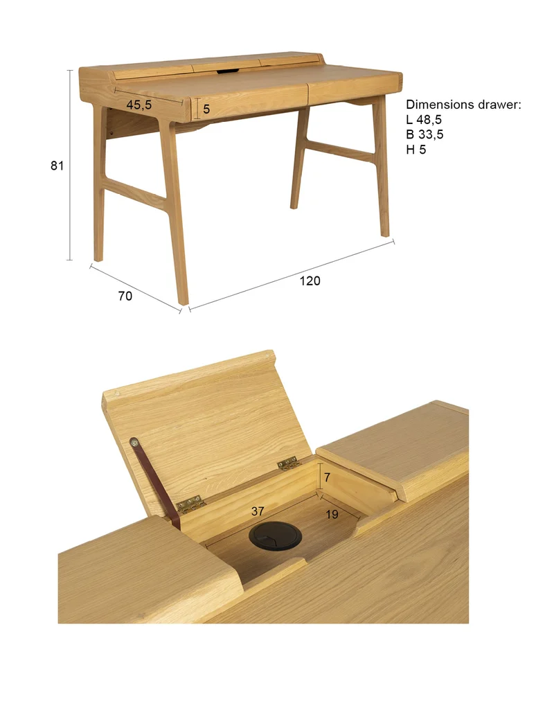 Zuiver Schreibtisch Kaat – Natur, Gummibaumholz, 70 × 120 × 81 cm