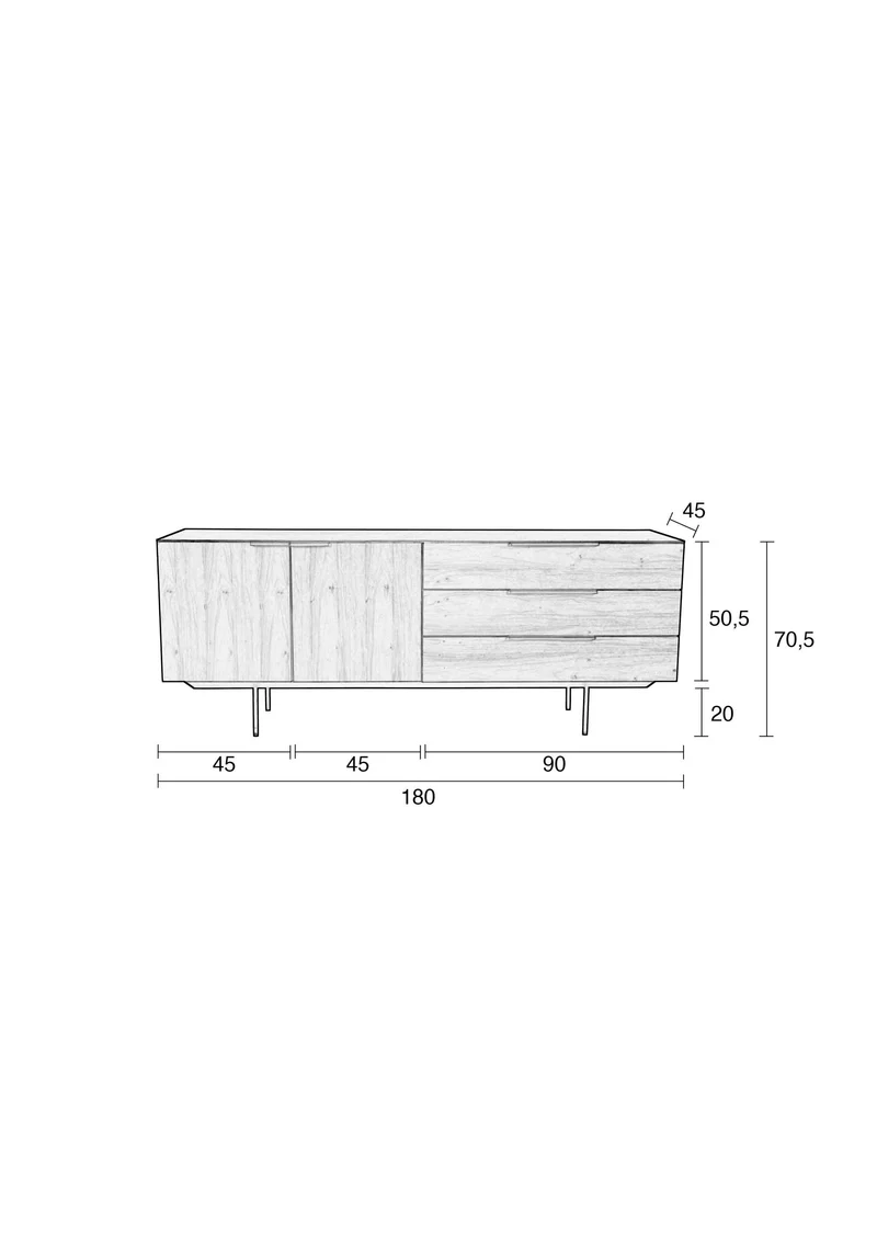 Zuiver Sideboard Travis Black – Eiche, 45 × 180 × 70,5 cm