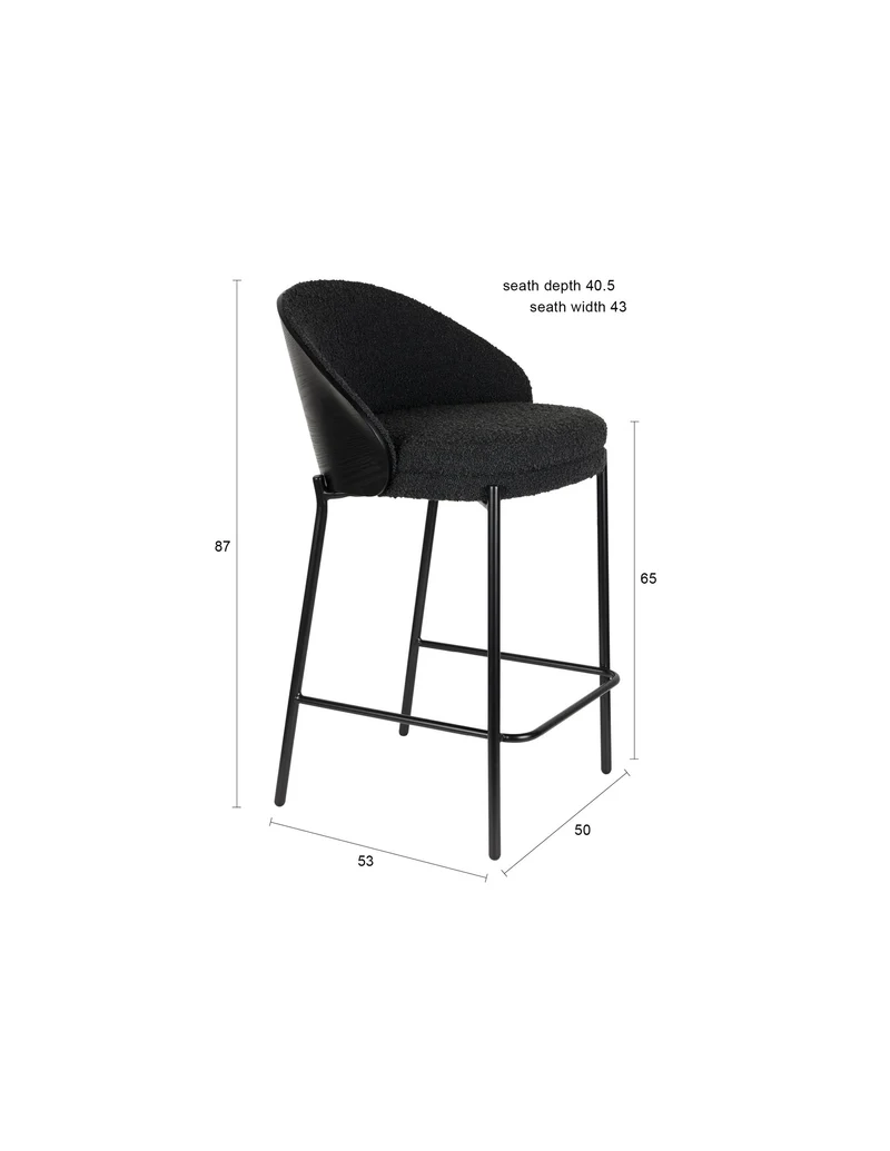 Dutchbone Tresenstuhl Rodin Bouclé – Schwarz, 50 × 53 × 87 cm, 2er-Set