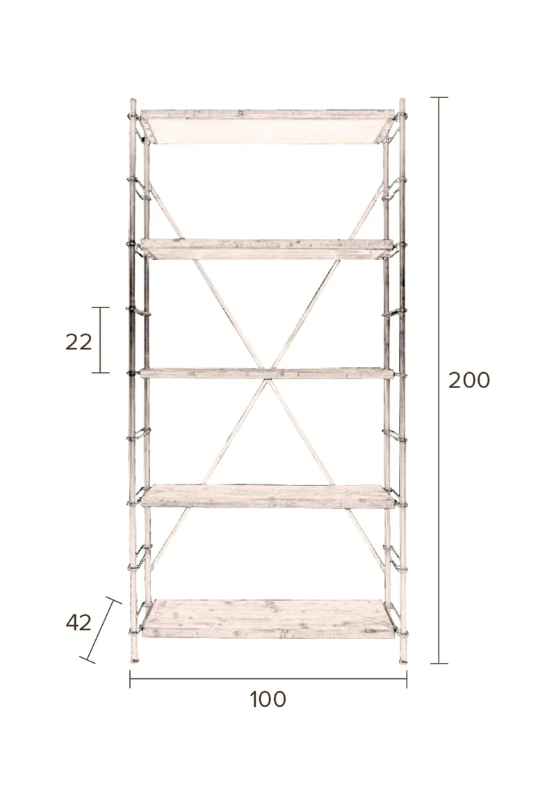 Dutchbone Regal Iron – Braun, Massives Tannenholz, 42 × 100 × 200 cm