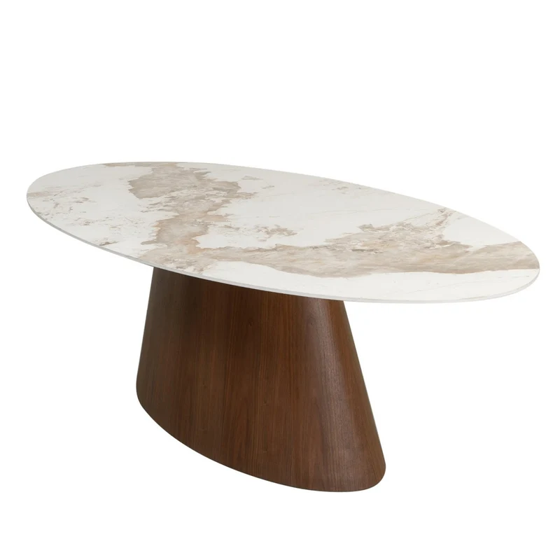 Pole to Pole Esstisch Ellipse – Keramik in Marmoroptik & Holzfurnier, 220 × 110 cm, Marmoroptik/Holzoptik