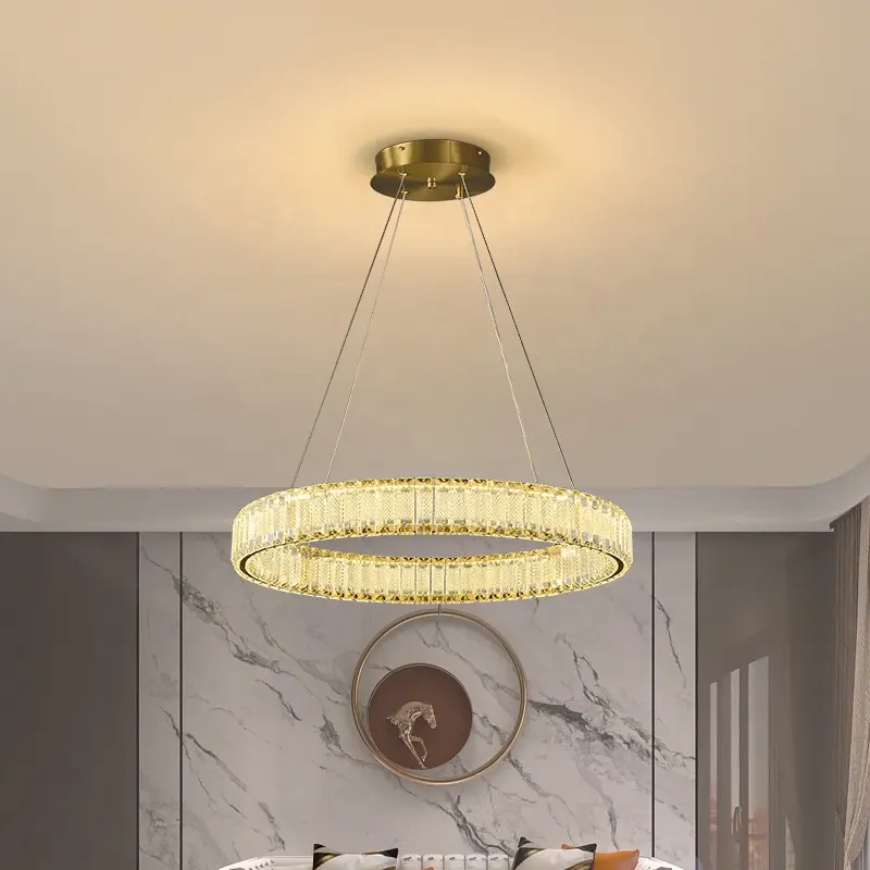 Modern Light Luxury Crystal Hanging Lamp Gold Simple Round LED Pendant Lights For Villa Hotel Living Room Crystal Chandeliers