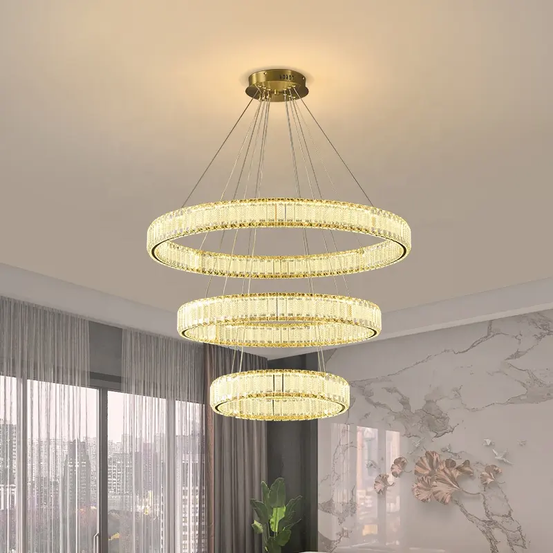 Modern Light Luxury Crystal Hanging Lamp Gold Simple Round LED Pendant Lights For Villa Hotel Living Room Crystal Chandeliers
