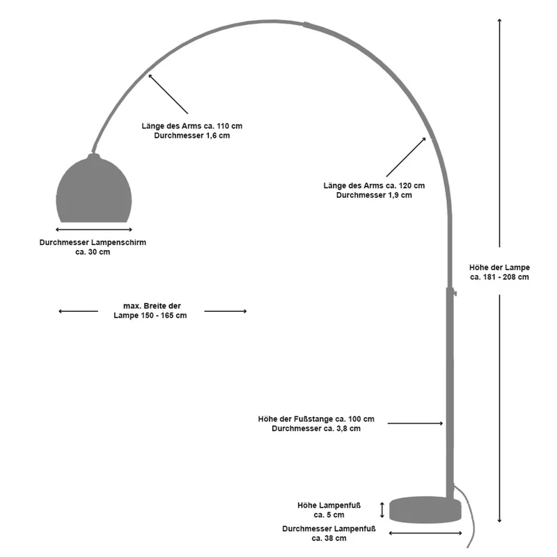 SalesFever Bogenleuchte Arc – Chrom mit Marmorsockel, 208 cm