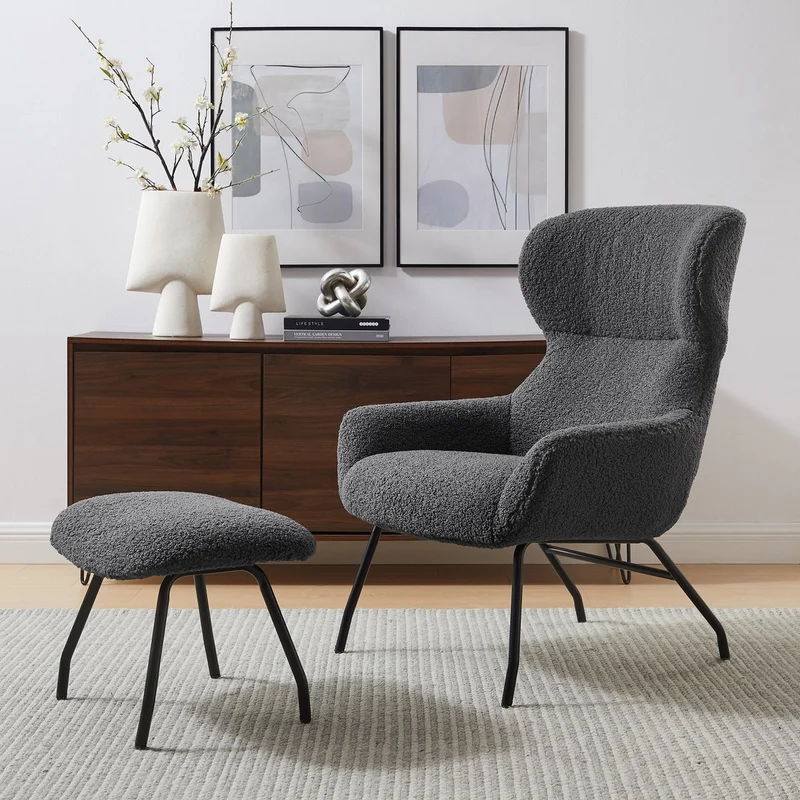 SalesFever Relaxsessel Haven Teddy mit Hocker – Anthrazit
