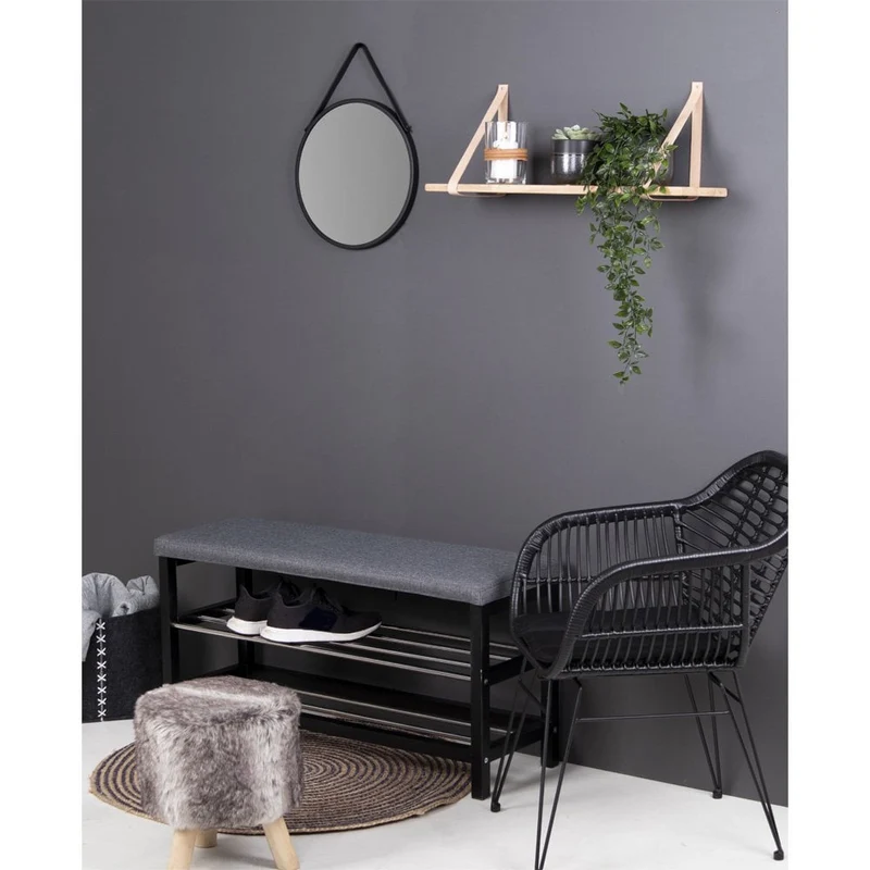 House Nordic Spiegel Trapani – Schwarz, Stahl, Kunstleder, Ø 38 cm