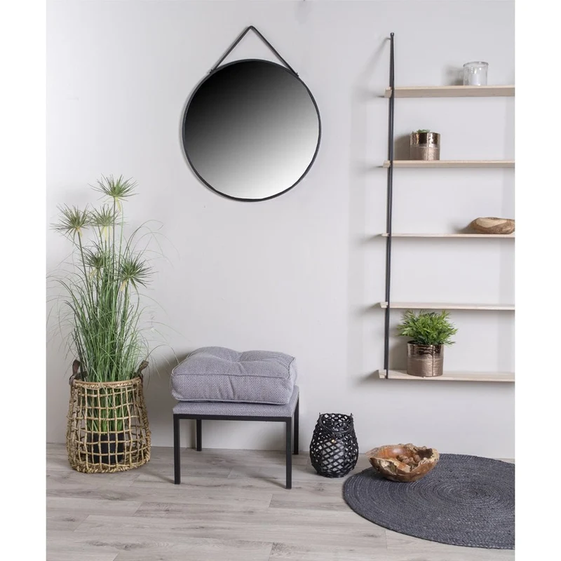 House Nordic Spiegel Trapani – Schwarz, Stahl, Kunstleder, Ø 38 cm
