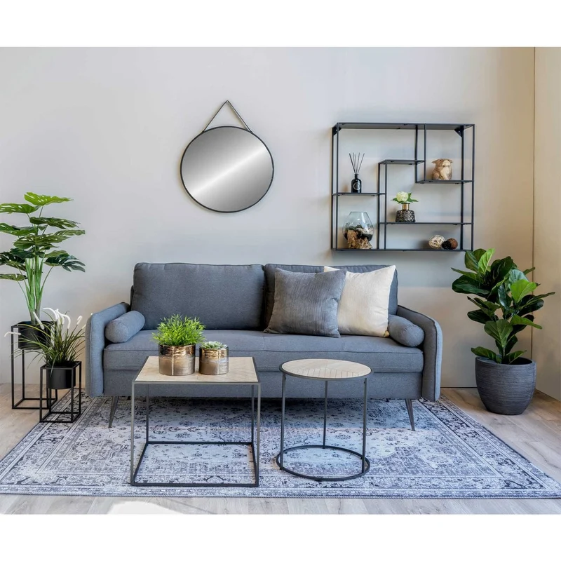 House Nordic Spiegel Trapani – Schwarz, Stahl, Kunstleder, Ø 38 cm