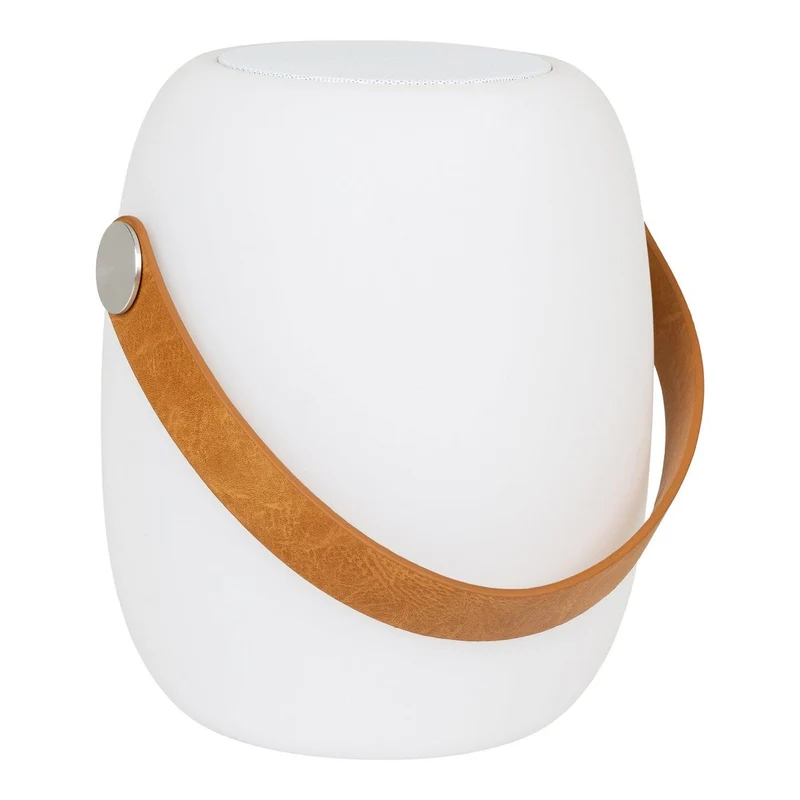 House Nordic Cardiff LED-Lampe – Lampe mit Riemen, wiederaufladbar, Bluetooth-Lautsprecher, weiß, Leder, 18 × 18 × 21 cm