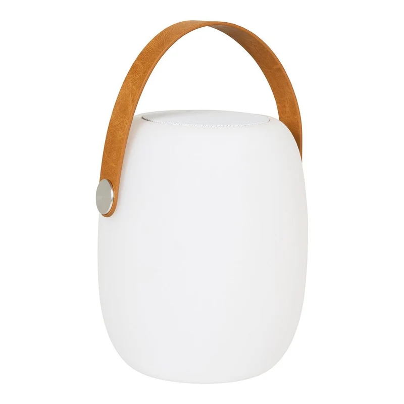 House Nordic Cardiff LED-Lampe – Lampe mit Riemen, wiederaufladbar, Bluetooth-Lautsprecher, weiß, Leder, 18 × 18 × 21 cm