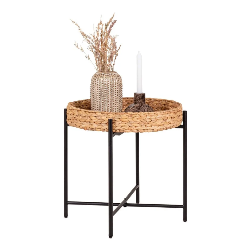 House Nordic Beistelltisch Naro – Wasserhyazinthe, Metall, Schwarz/Natur - Ø 50 × 48,5 cm