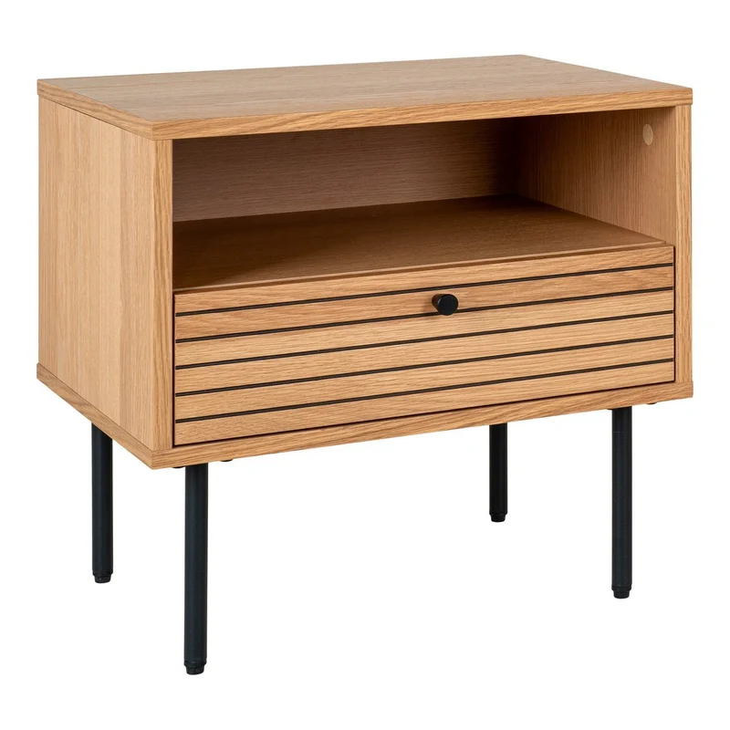 House Nordic Beistelltisch Kyoto – Eichenfurnier, schwarze Metallbeine, 1 Schublade, 50 × 40 × 50 cm