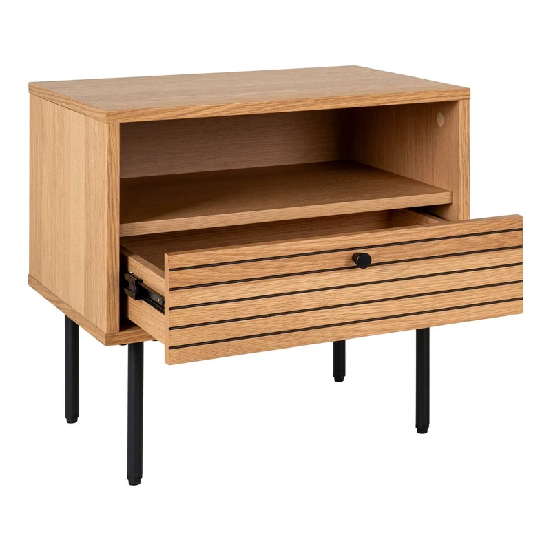 House Nordic Beistelltisch Kyoto – Eichenfurnier, schwarze Metallbeine, 1 Schublade, 50 × 40 × 50 cm