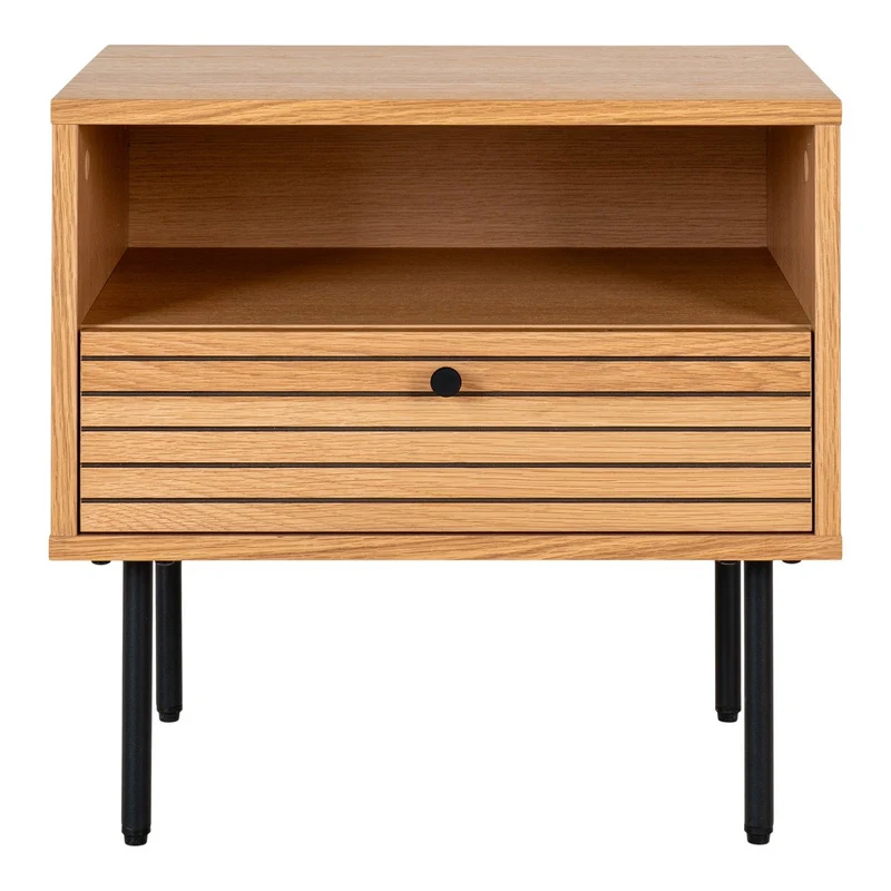 House Nordic Beistelltisch Kyoto – Eichenfurnier, schwarze Metallbeine, 1 Schublade, 50 × 40 × 50 cm