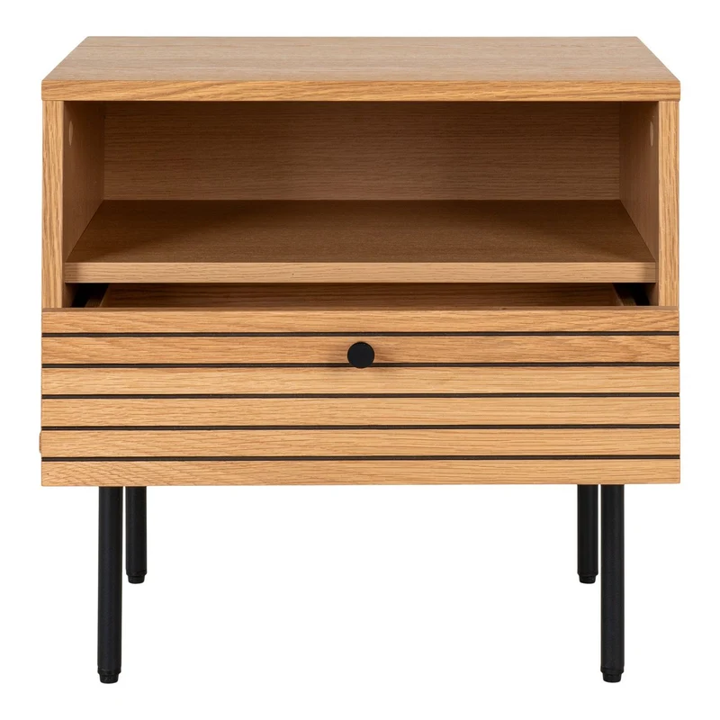 House Nordic Beistelltisch Kyoto – Eichenfurnier, schwarze Metallbeine, 1 Schublade, 50 × 40 × 50 cm