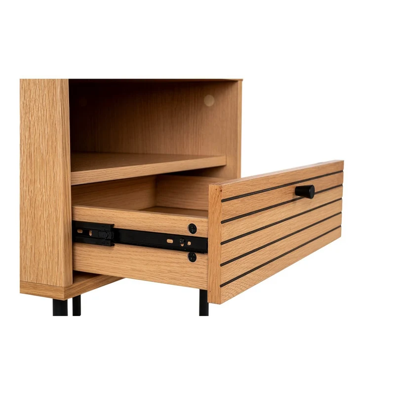 House Nordic Beistelltisch Kyoto – Eichenfurnier, schwarze Metallbeine, 1 Schublade, 50 × 40 × 50 cm