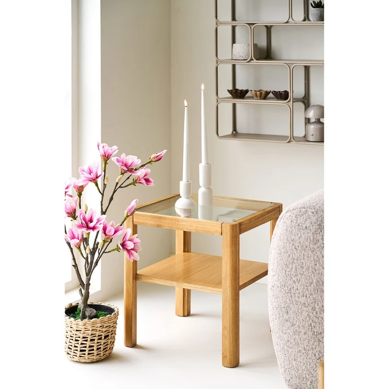 House Nordic Beistelltisch Lourmarin – Eiche/Eichenfurnier/gehärtetes Glas, natur, 40 × 40 × 45 cm