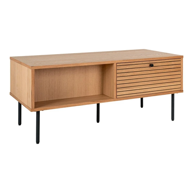 House Nordic Couchtisch Kyoto – Eichenfurnier, schwarze Metallbeine, 2 Schubladen, 50 × 100 × 45 cm