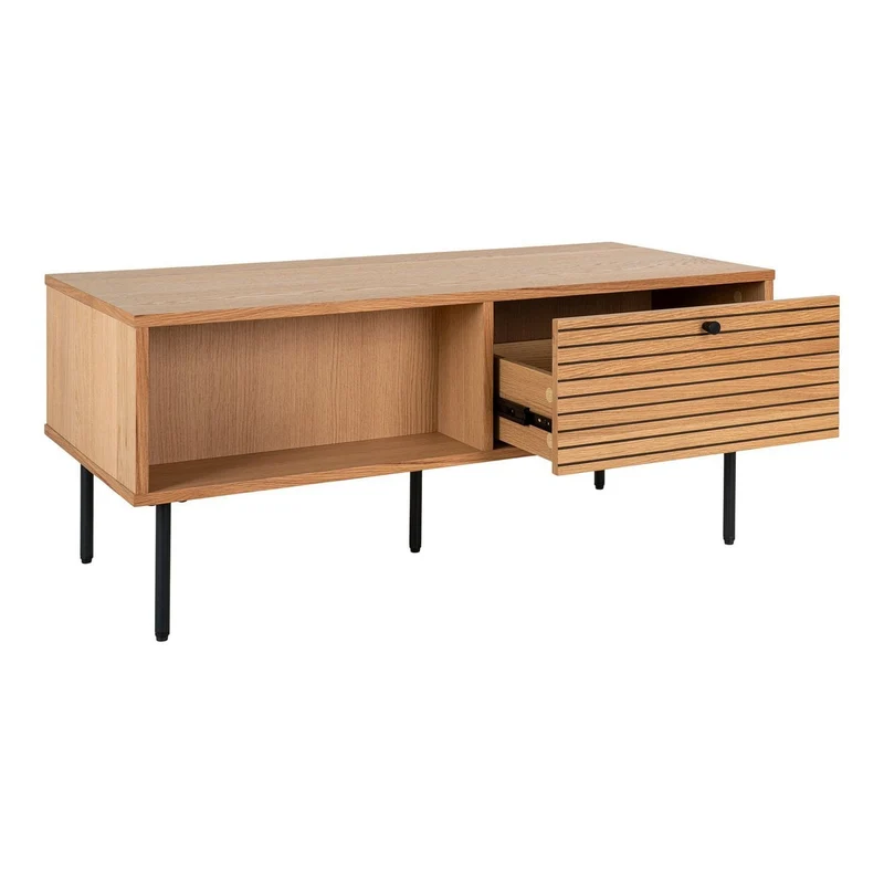 House Nordic Couchtisch Kyoto – Eichenfurnier, schwarze Metallbeine, 2 Schubladen, 50 × 100 × 45 cm