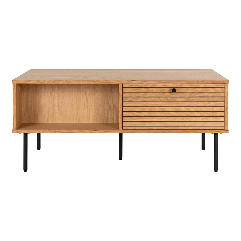 House Nordic Couchtisch Kyoto – Eichenfurnier, schwarze Metallbeine, 2 Schubladen, 50 × 100 × 45 cm
