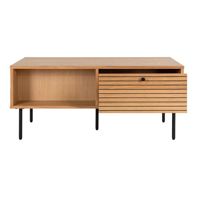House Nordic Couchtisch Kyoto – Eichenfurnier, schwarze Metallbeine, 2 Schubladen, 50 × 100 × 45 cm