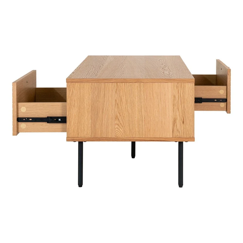 House Nordic Couchtisch Kyoto – Eichenfurnier, schwarze Metallbeine, 2 Schubladen, 50 × 100 × 45 cm