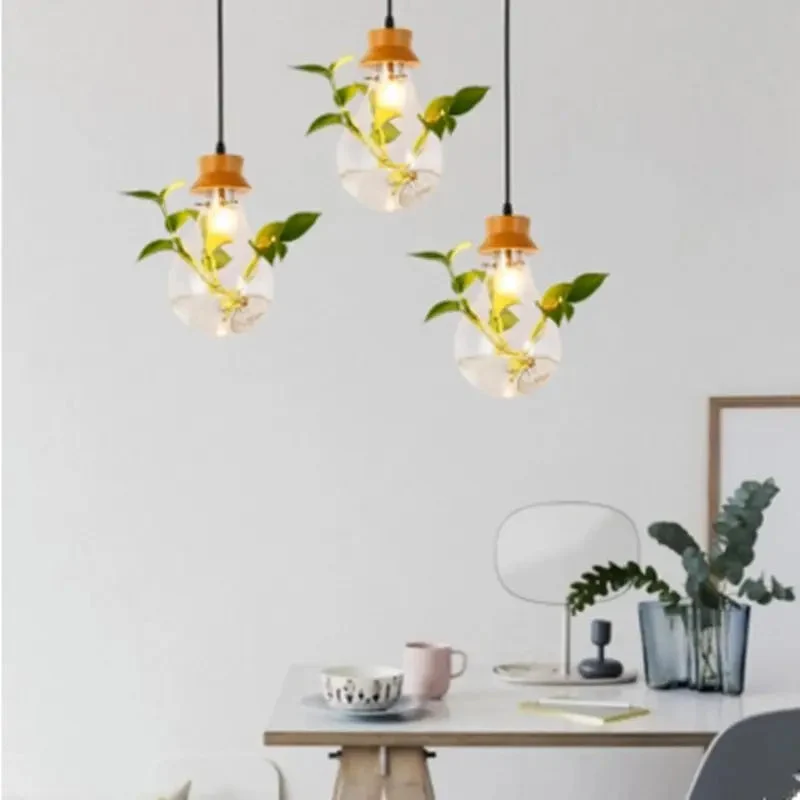 Bedroom Restaurant Bar Pastoral Design Plant Wood Glass Pendant Light