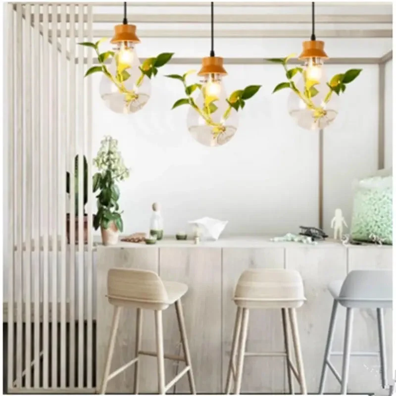 Bedroom Restaurant Bar Pastoral Design Plant Wood Glass Pendant Light