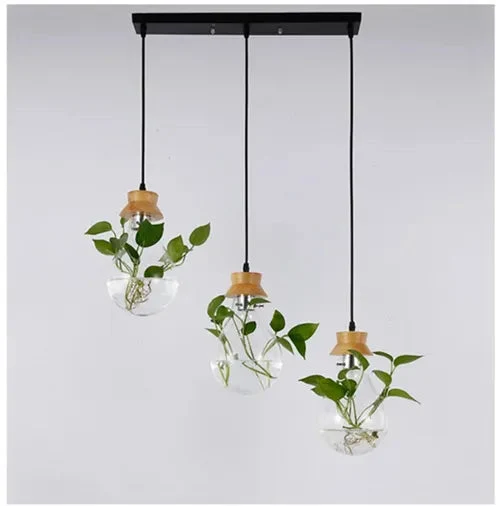 Bedroom Restaurant Bar Pastoral Design Plant Wood Glass Pendant Light