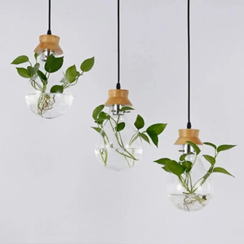 Bedroom Restaurant Bar Pastoral Design Plant Wood Glass Pendant Light