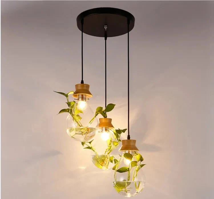 Bedroom Restaurant Bar Pastoral Design Plant Wood Glass Pendant Light
