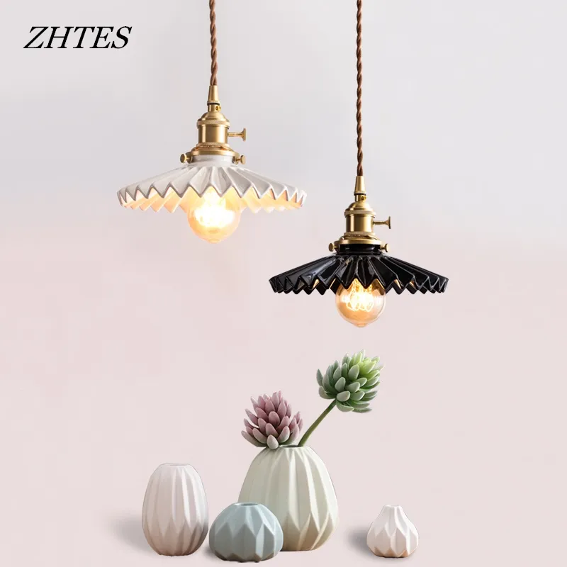 Japanese style retro simple dining room bedroom bedside bar hotel apartment brass ceramic chandelier