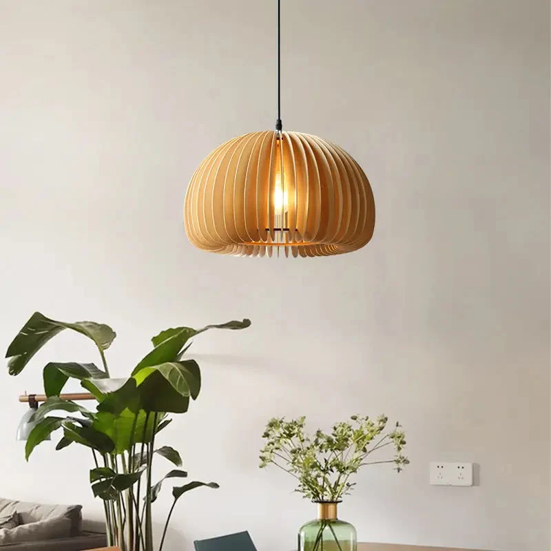 Vintage Japanese Simple Wooden Pumpkin Chandelier Bedroom Bed Light Creative Restaurant Guest House Pendant Lights
