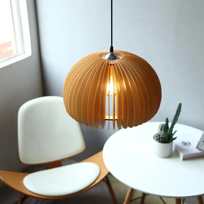 Vintage Japanese Simple Wooden Pumpkin Chandelier Bedroom Bed Light Creative Restaurant Guest House Pendant Lights