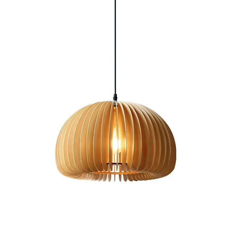 Vintage Japanese Simple Wooden Pumpkin Chandelier Bedroom Bed Light Creative Restaurant Guest House Pendant Lights