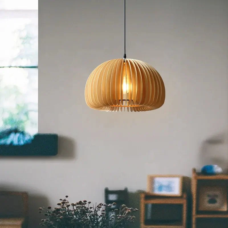 Vintage Japanese Simple Wooden Pumpkin Chandelier Bedroom Bed Light Creative Restaurant Guest House Pendant Lights