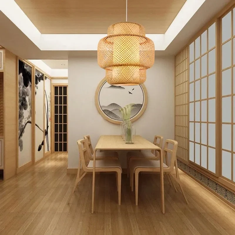 Modern Bamboo Hand Woven Bamboo Art Chandelier E27 Dining Room Bamboo Lantern Pendant Light Bedroom Cafe Vintage Hang Lamp