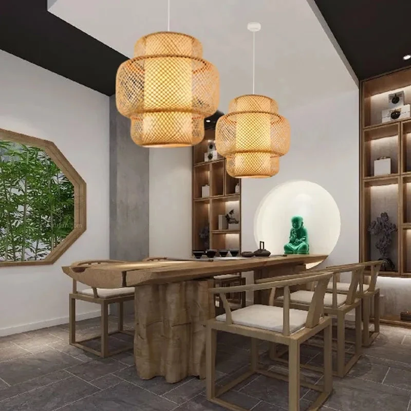 Modern Bamboo Hand Woven Bamboo Art Chandelier E27 Dining Room Bamboo Lantern Pendant Light Bedroom Cafe Vintage Hang Lamp