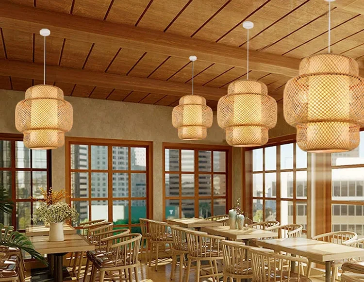 Modern Bamboo Hand Woven Bamboo Art Chandelier E27 Dining Room Bamboo Lantern Pendant Light Bedroom Cafe Vintage Hang Lamp