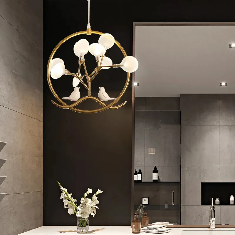 Nordic Design Tree Branch Chandelier Bird Cage Lamp Fixture Indoor Home Kitchen Dining Room Restaurant LED Bedroom Iron