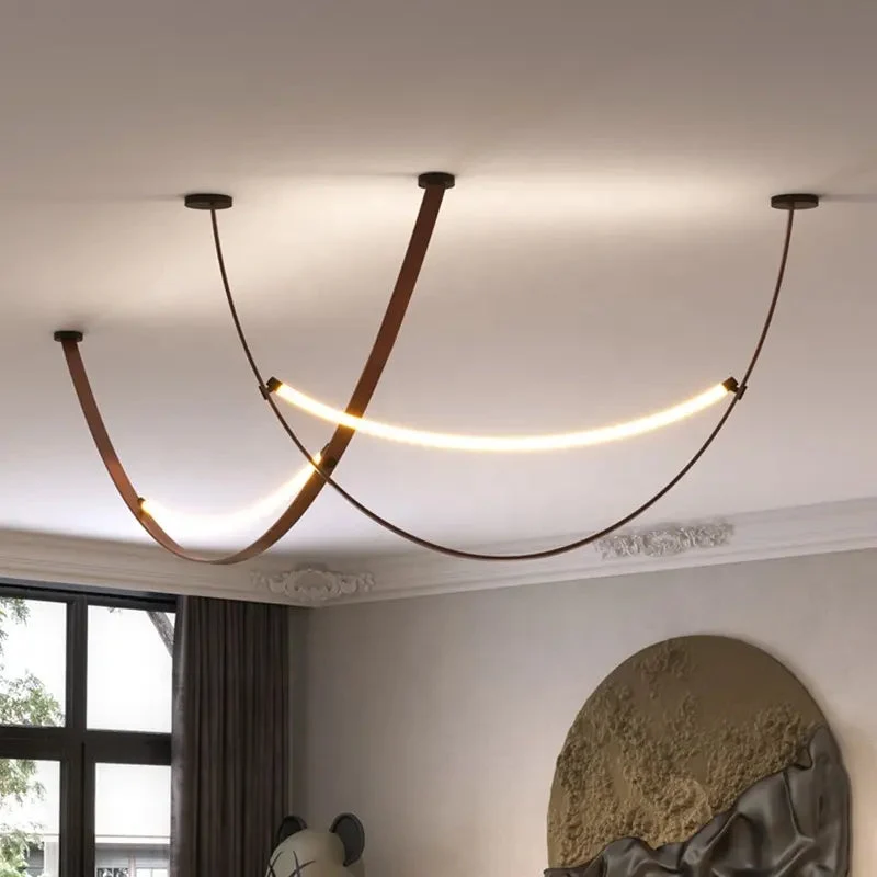 Vintage New creative feature belt chandelier simple designer art leather living room hotel Italian minimalist belt pendant light