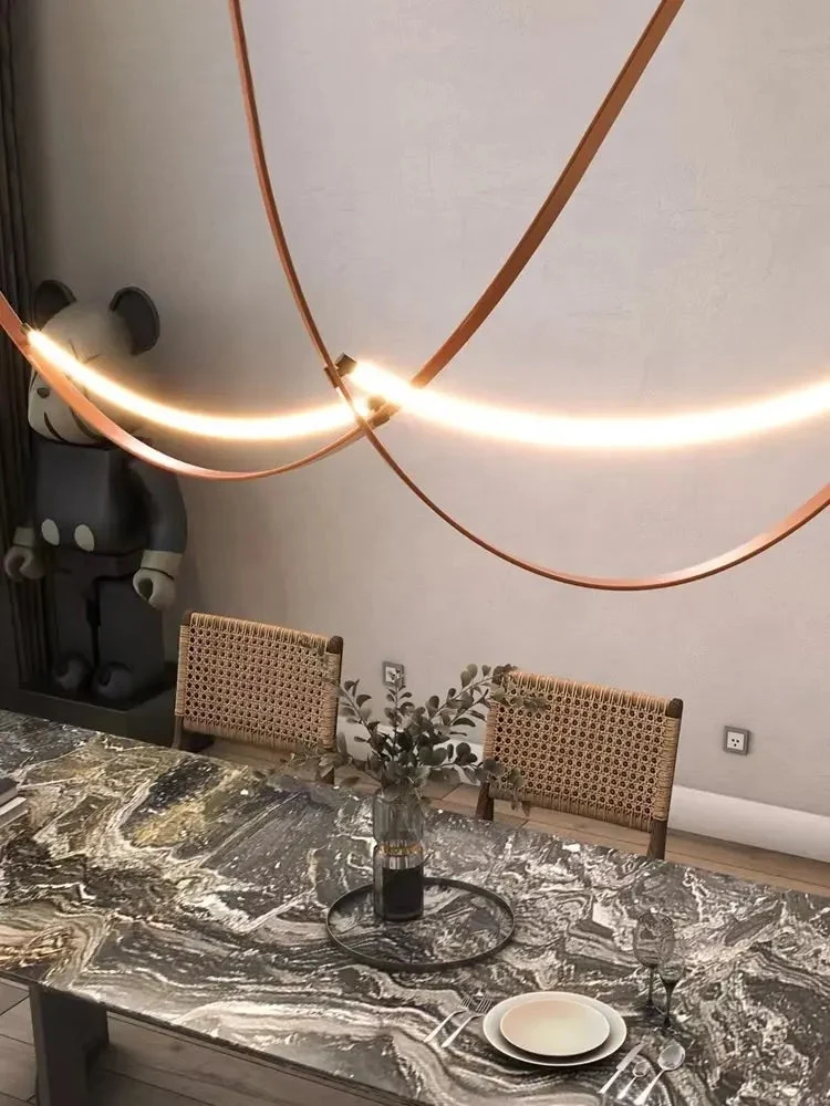 Vintage New creative feature belt chandelier simple designer art leather living room hotel Italian minimalist belt pendant light