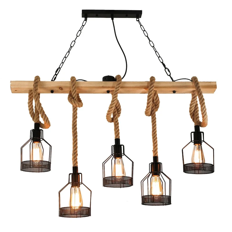 Vintage Hemp Rope Chandelier Cage Hanging Lamp Bar Cafe Lighting Wrought Iron Industrial Style Loft Restaurant Black LED Bedroom