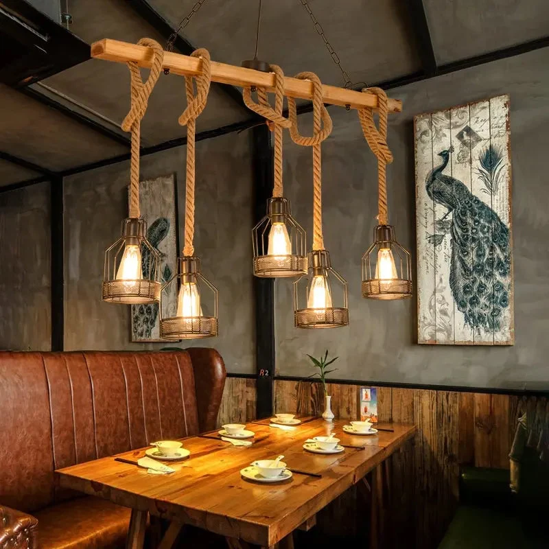 Vintage Hemp Rope Chandelier Cage Hanging Lamp Bar Cafe Lighting Wrought Iron Industrial Style Loft Restaurant Black LED Bedroom