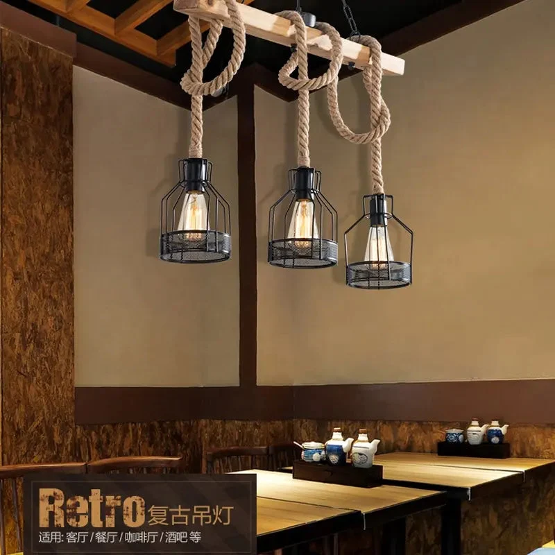 Vintage Hemp Rope Chandelier Cage Hanging Lamp Bar Cafe Lighting Wrought Iron Industrial Style Loft Restaurant Black LED Bedroom