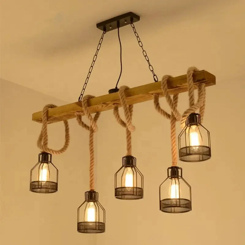 Vintage Hemp Rope Chandelier Cage Hanging Lamp Bar Cafe Lighting Wrought Iron Industrial Style Loft Restaurant Black LED Bedroom