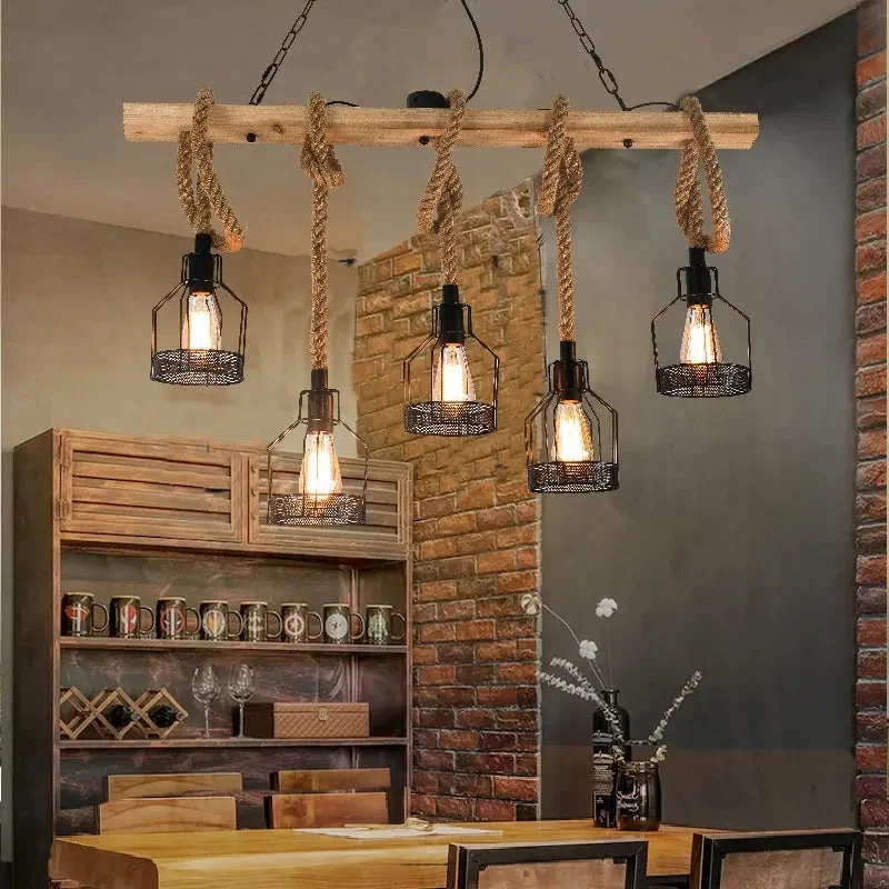 Vintage Hemp Rope Chandelier Cage Hanging Lamp Bar Cafe Lighting Wrought Iron Industrial Style Loft Restaurant Black LED Bedroom